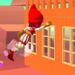 Personaje con traje rojo y blanco volando hacia una fachada anaranjada con ventanas grandes