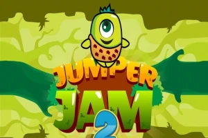Un personaje animado con un solo ojo y estampado de leopardo aparece sobre la frase Jumper Jam 2 en un fondo verde con formas abstractas
