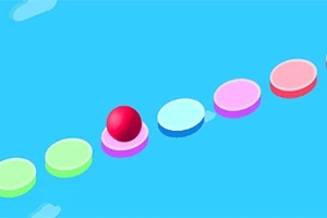 Bola roja sobre plataformas circulares de colores en un fondo azul