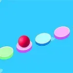 Bola roja sobre plataformas circulares de colores en un fondo azul