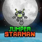 Un personaje alienígena con casco espacial salta frente a una luna llena en un fondo oscuro, con las palabras Jumper Starman en píxeles debajo