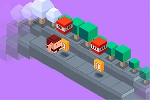Personaje pixelado en una carretera con árboles y casas pequeñas, junto a monedas en un entorno de fondo morado