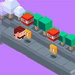 Personaje pixelado en una carretera con árboles y casas pequeñas, junto a monedas en un entorno de fondo morado
