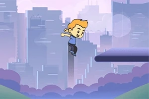 Un personaje animado salta en una plataforma en un entorno urbano con edificios de fondo