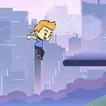 Un personaje animado salta en una plataforma en un entorno urbano con edificios de fondo