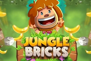 Personaje sonriente en una jungla rodeado de plátanos y hojas, con el texto Jungle Bricks al frente