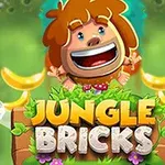 Personaje sonriente en una jungla rodeado de plátanos y hojas, con el texto Jungle Bricks al frente