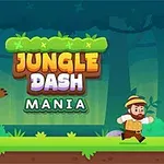En un entorno de selva animada, un oso persigue a un hombre vestido de explorador y el texto Jungle Dash Mania está centrado en la parte superior