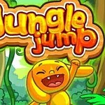 Un personaje amarillo sonriente en un entorno de jungla con árboles altos y hojas verdes, acompañado del texto Jungle Jump