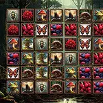 Rejilla de iconos coloridos con imágenes de insectos, hongos, flores y frutos rodeados de un fondo de bosque