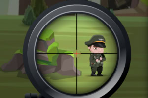 Mira de un rifle apuntando a un personaje vestido de militar en un paisaje exterior