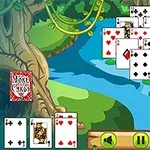 Una escena animada de cartas de juego sobre nenúfares en un lago, con botones de control en la parte inferior