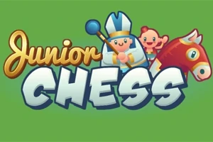Personajes caricaturescos de un alfil, niño y caballo sobre texto Junior Chess en fondo verde