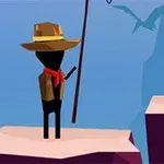 Personaje de silueta negra con sombrero y bufanda roja sosteniendo un palo, de pie en una plataforma, con un fondo de cielo azul y un pterodáctilo