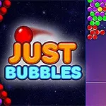 Pantalla de juego con burbujas de colores y el título Just Bubbles a la izquierda