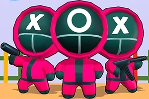 Tres personajes con trajes rosados y cascos negros con símbolos de círculo y de cruz, sosteniendo objetos, en un entorno al aire libre