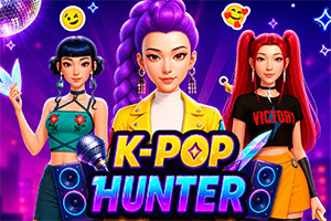 Tres chicas estilo K-pop con atuendos coloridos frente a luces neón, bocinas y el texto K-POP HUNTER