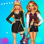 Dos mujeres jóvenes con cabello largo y ropa moderna posan con una guitarra eléctrica sobre un fondo azul con luces brillantes