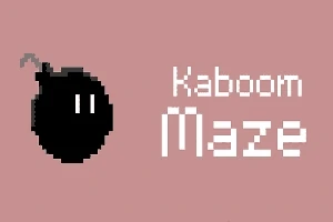 Una bomba negra de dibujo en píxeles junto al texto Kaboom Maze sobre un fondo rosa