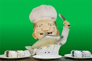 Cocinero animado con gorro blanco sosteniendo un cuchillo y un pescado sobre un fondo verde, con platos de sushi delante