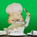 Cocinero animado con gorro blanco sosteniendo un cuchillo y un pescado sobre un fondo verde, con platos de sushi delante