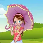 Niña con sombrilla rosa en un campo verde bajo un cielo azul y soleado