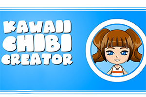 Fondo azul con texto Kawaii Chibi Creator y dibujo estilo chibi de una niña con cabello castaño y ojos azules