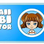 Fondo azul con texto Kawaii Chibi Creator y dibujo estilo chibi de una niña con cabello castaño y ojos azules