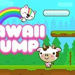 Gato con arcoíris, nube sonriente, vaca caricaturesca y gelatina feliz en un paisaje colorido con plataformas y fondo de bosque