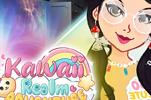 Dibujo de una chica con gafas y accesorios coloridos junto al texto Kawaii Realm Adventure con un arco iris y estrellas