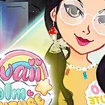 Dibujo de una chica con gafas y accesorios coloridos junto al texto Kawaii Realm Adventure con un arco iris y estrellas