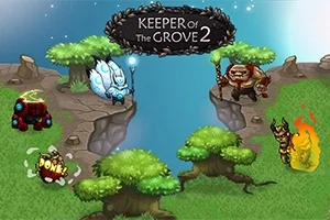 Personajes de fantasía en un paisaje con árboles y criaturas míticas, con el título Keeper of the Grove 2 en la parte superior