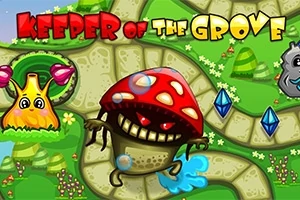 Personaje con aspecto de hongo de ojos rojos rodeado de un paisaje colorido con caminos sinuosos y piedras preciosas azules