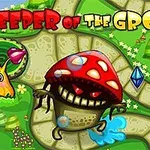Personaje con aspecto de hongo de ojos rojos rodeado de un paisaje colorido con caminos sinuosos y piedras preciosas azules