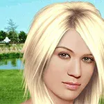 Mujer de cabello rubio y lacio frente a un paisaje con lago y árboles