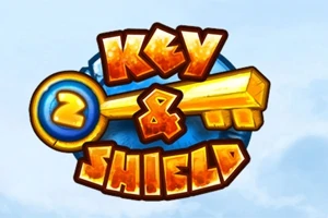Logotipo colorido con las palabras Key & Shield en letras naranja sobre un fondo azul con una llave dorada