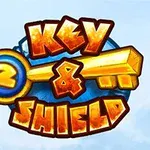 Logotipo colorido con las palabras Key & Shield en letras naranja sobre un fondo azul con una llave dorada