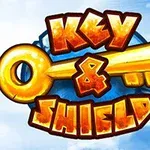 Llave dorada con un fondo azul y las palabras “Key & Shield” en letras estilizadas