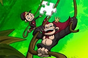 Dos monos con coronas colgando de lianas sobre un fondo verde, con una pieza de rompecabezas blanca encima