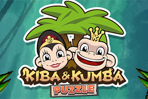 Ilustración de dos monos sonrientes con coronas frente a una palmera, acompañados del texto Kiba & Kumba Puzzle