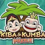 Ilustración de dos monos sonrientes con coronas frente a una palmera, acompañados del texto Kiba & Kumba Puzzle