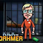 Caricatura de un personaje rubio con gafas y traje naranja, de pie frente a una celda, con dinero y una mancha roja en el suelo