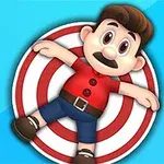 Un personaje de bigote con una camisa roja y pantalones azules está atado a un blanco de dardos de rayas rojas y blancas sobre un fondo azul