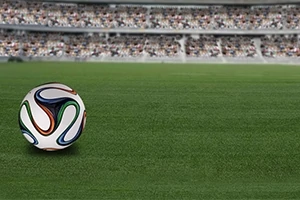 Balón de fútbol en un campo de juego con gradas y multitud de fondo