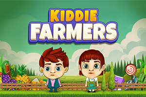 Dos niños con atuendos de granjeros están de pie frente a una cerca con un paisaje de campo en el fondo y el texto Kiddie Farmers encima