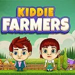 Dos niños con atuendos de granjeros están de pie frente a una cerca con un paisaje de campo en el fondo y el texto Kiddie Farmers encima