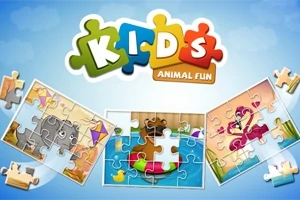 Puzzle infantil de animales con piezas dispersas y colorido logotipo