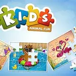 Puzzle infantil de animales con piezas dispersas y colorido logotipo
