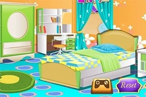 Habitación colorida con cama, escritorio, cortinas azules y alfombra circular verde
