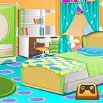 Habitación colorida con cama, escritorio, cortinas azules y alfombra circular verde
